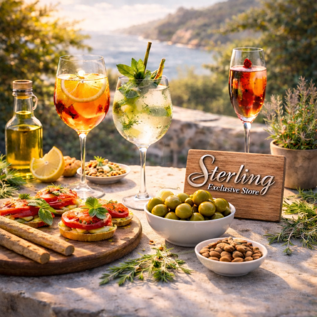 Apperitiv mediterran Gläser Sonnenlicht Küste Steintisch Gewürze Antipasti