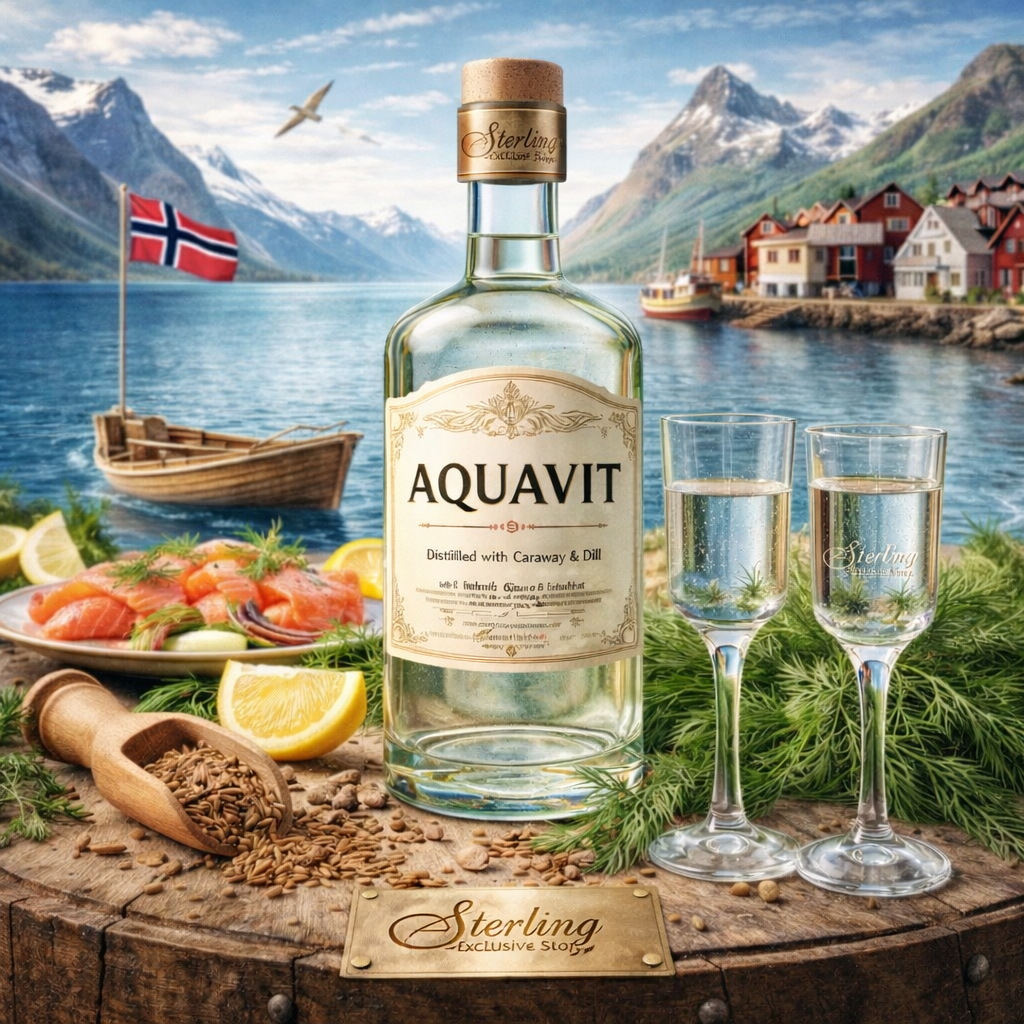 Aquavit Gläser Flasche Fjord Norwegenflagge Kümmel Dill Lachs Zitrone Boot Berge Häuser