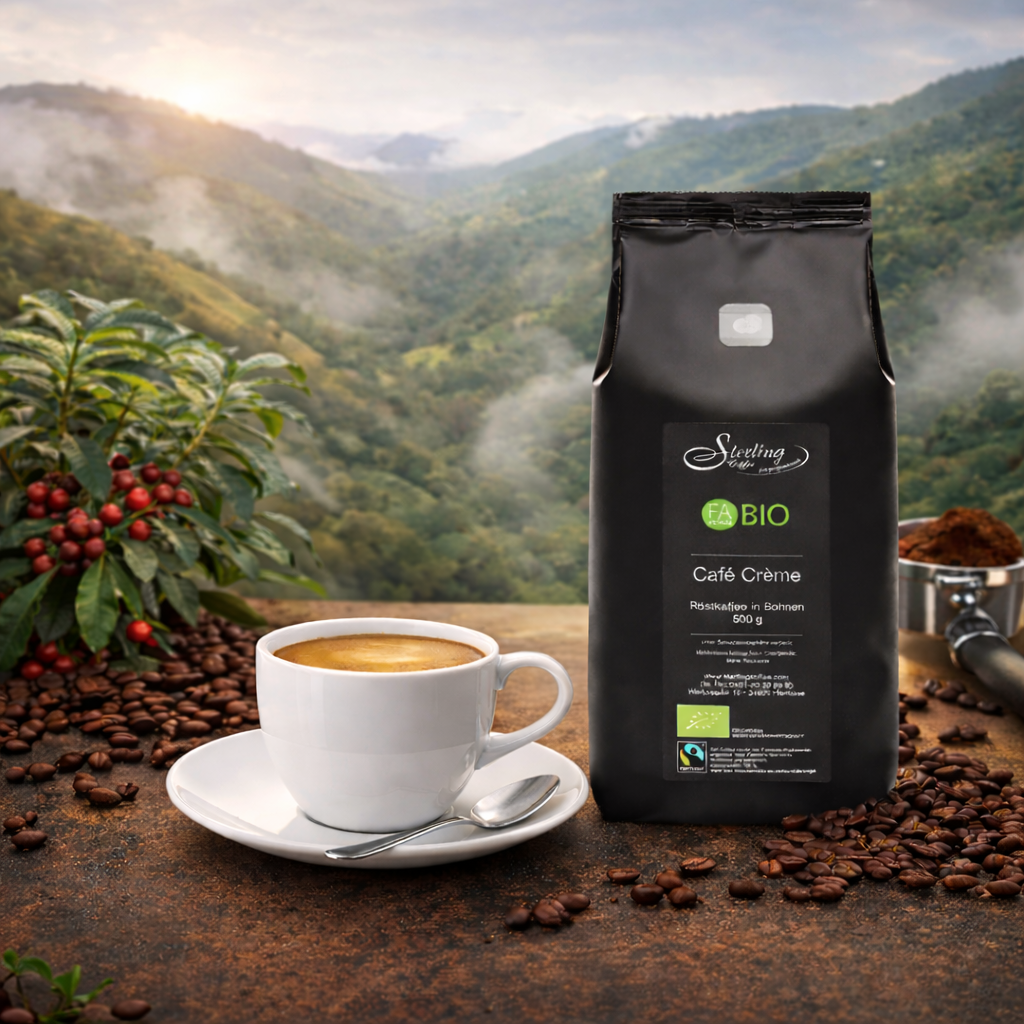 Café Crème Tasse Kaffeebeutel Kaffeebohnen Kaffeepflanze Hochland Hügel Nebel