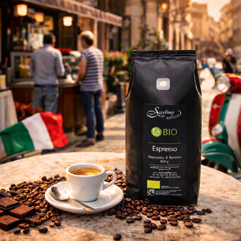 Espresso Tasse Kaffeebohnen Marmortisch Italien Kaffeebohnentüte