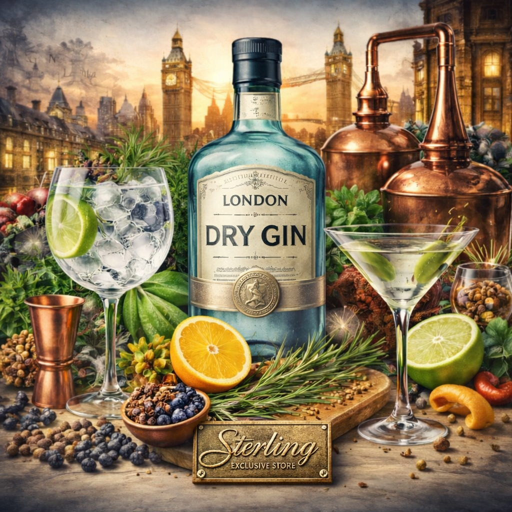 Gin Glas Flasche Gewürze Orange Destillationskessel Londonskyline