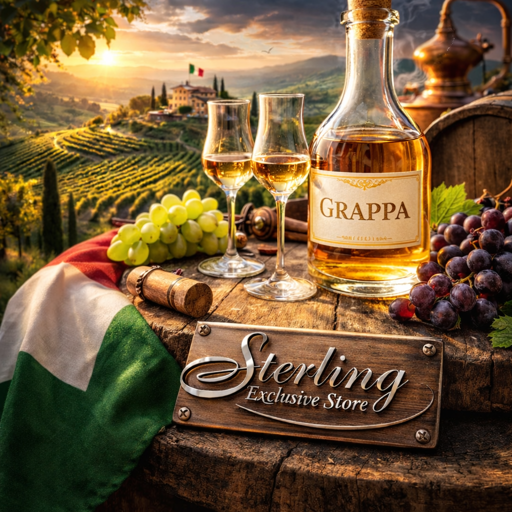 Grappa Flasche Gläser Weintrauben Italien Weinberge Flagge Holzfass