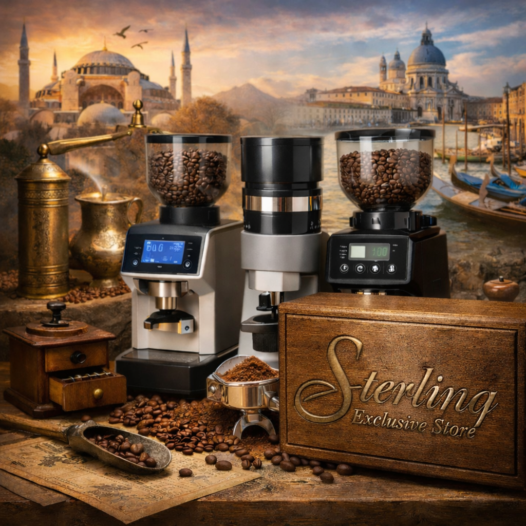 Kaffeemühlen Holzkiste elektrisch manuell historischer Hintergrund