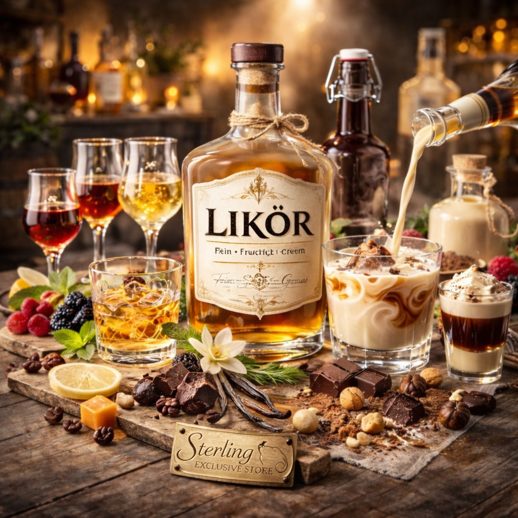 Likör Flaschen Gläser Cremelikör Gewürze Beeren Holzbrett