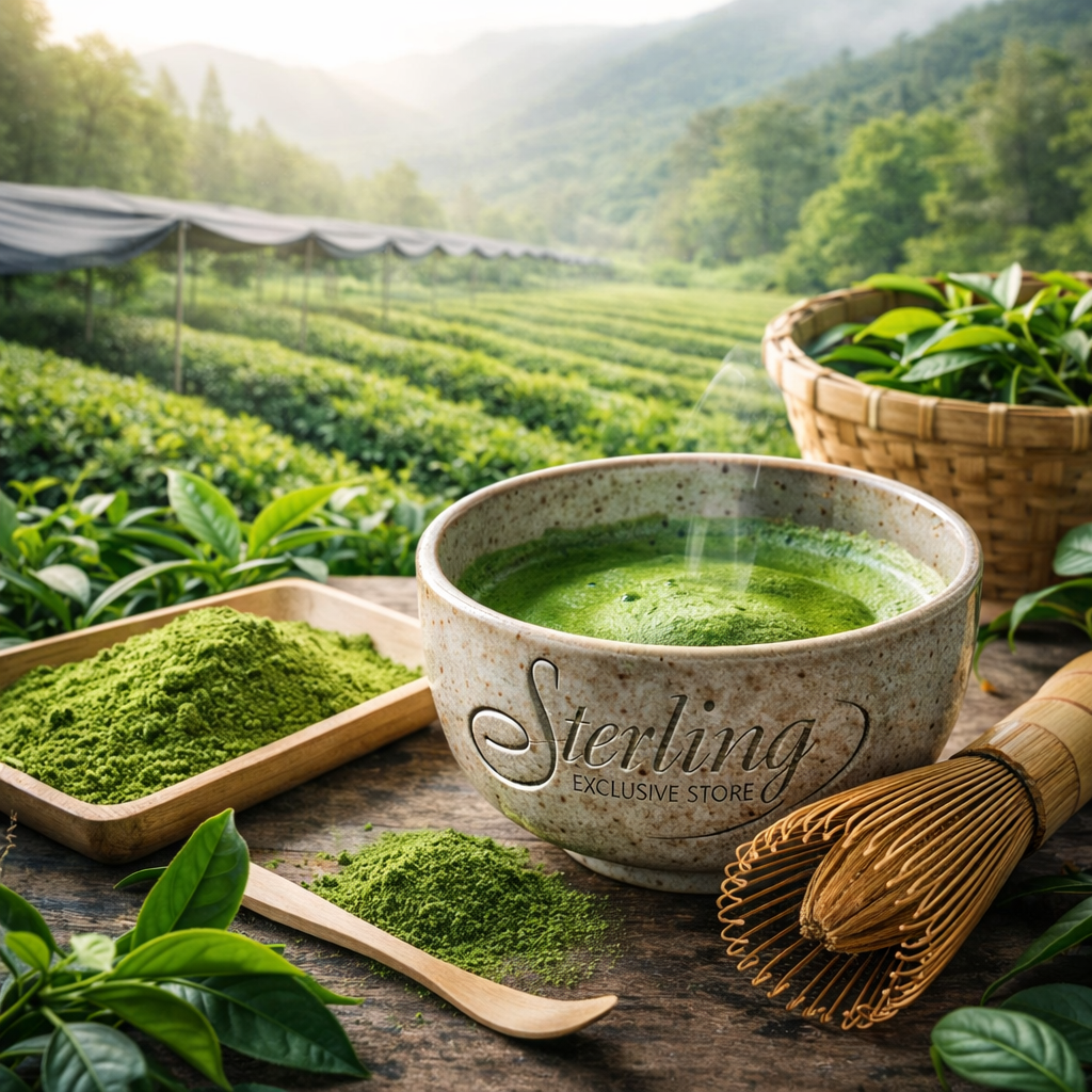Matcha Pulver Tasse Besen Holzlöffel Teefelder Korb Blätter
