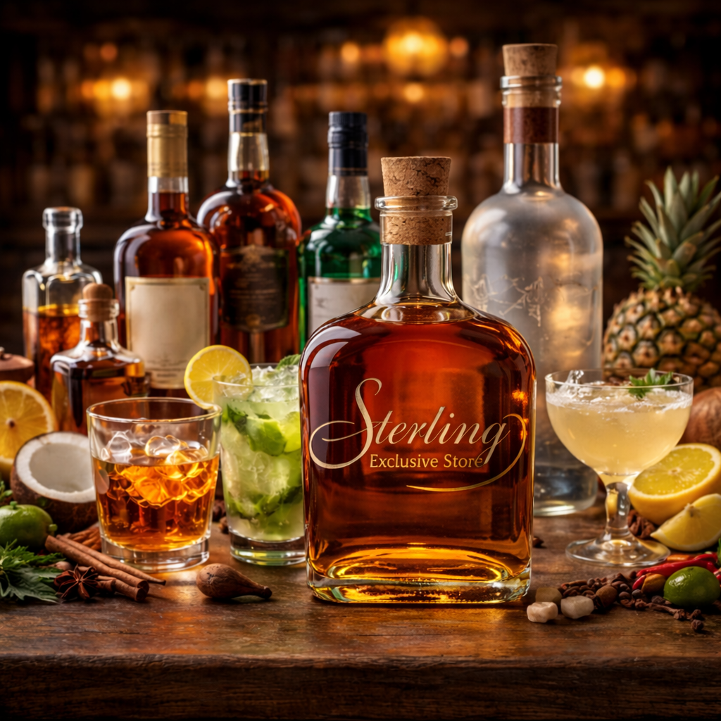 Spirituosen Flaschen Gläser Cocktails Gewürze Früchte Abendlicht