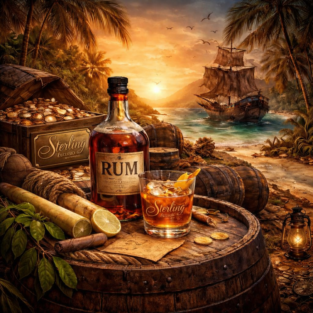 Rum Holzfass Flasche Glas Goldschatz Piratenschiff Lagune Palmen Strand Sonnenuntergang