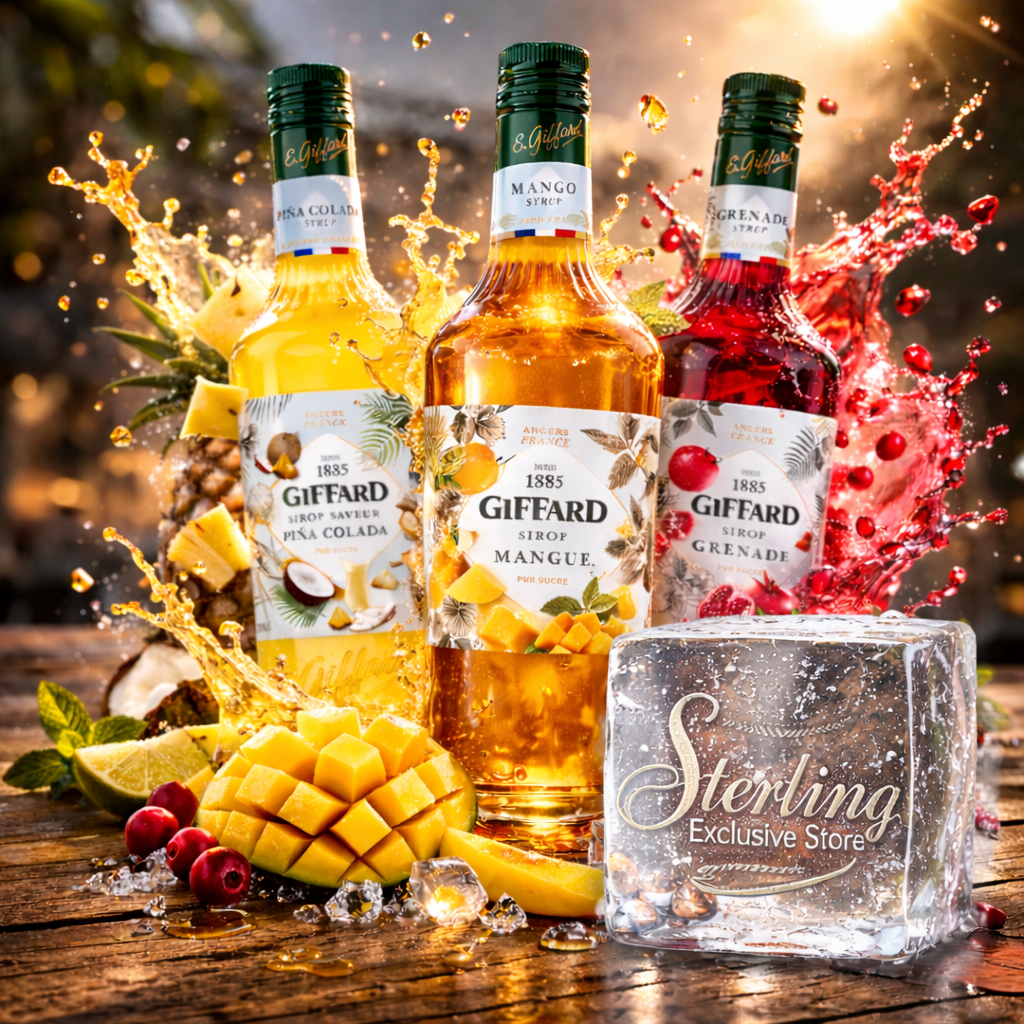 Giffard sirup flaschen früchte eiswürfel