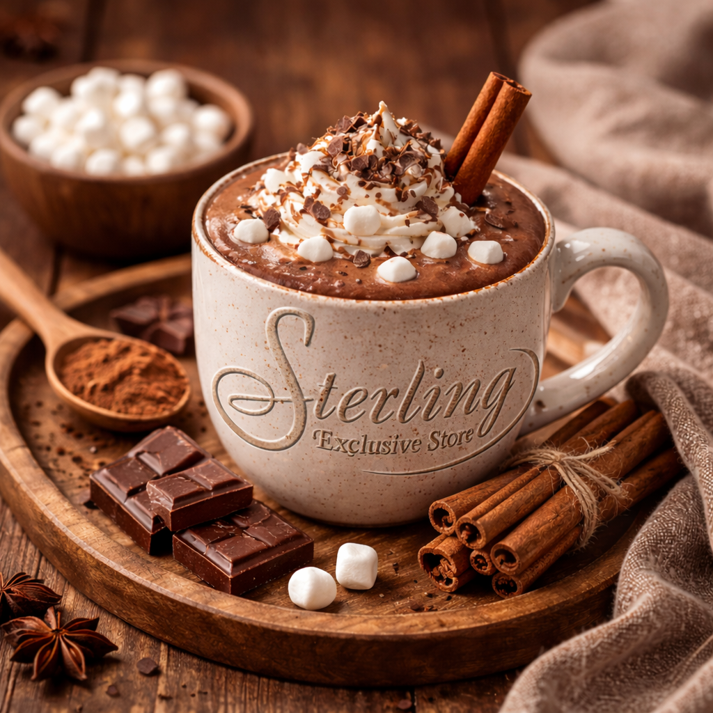 Trinkschokolade Tasse Kakao Sahne Zimt Anis Marshmallow Holzbrett