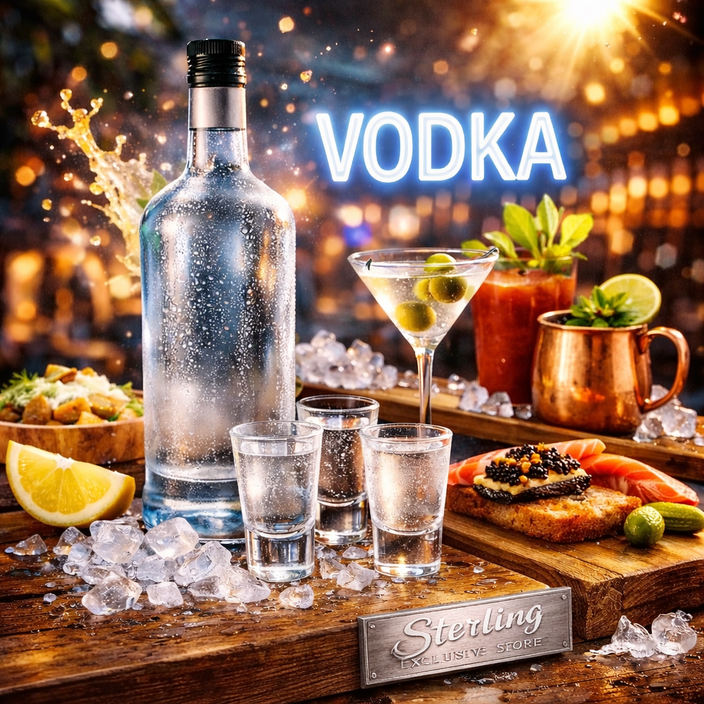 Vodka Flasche Gläser Cocktails Fisch Kaviar Eiswürfel Holzbrett klar splash