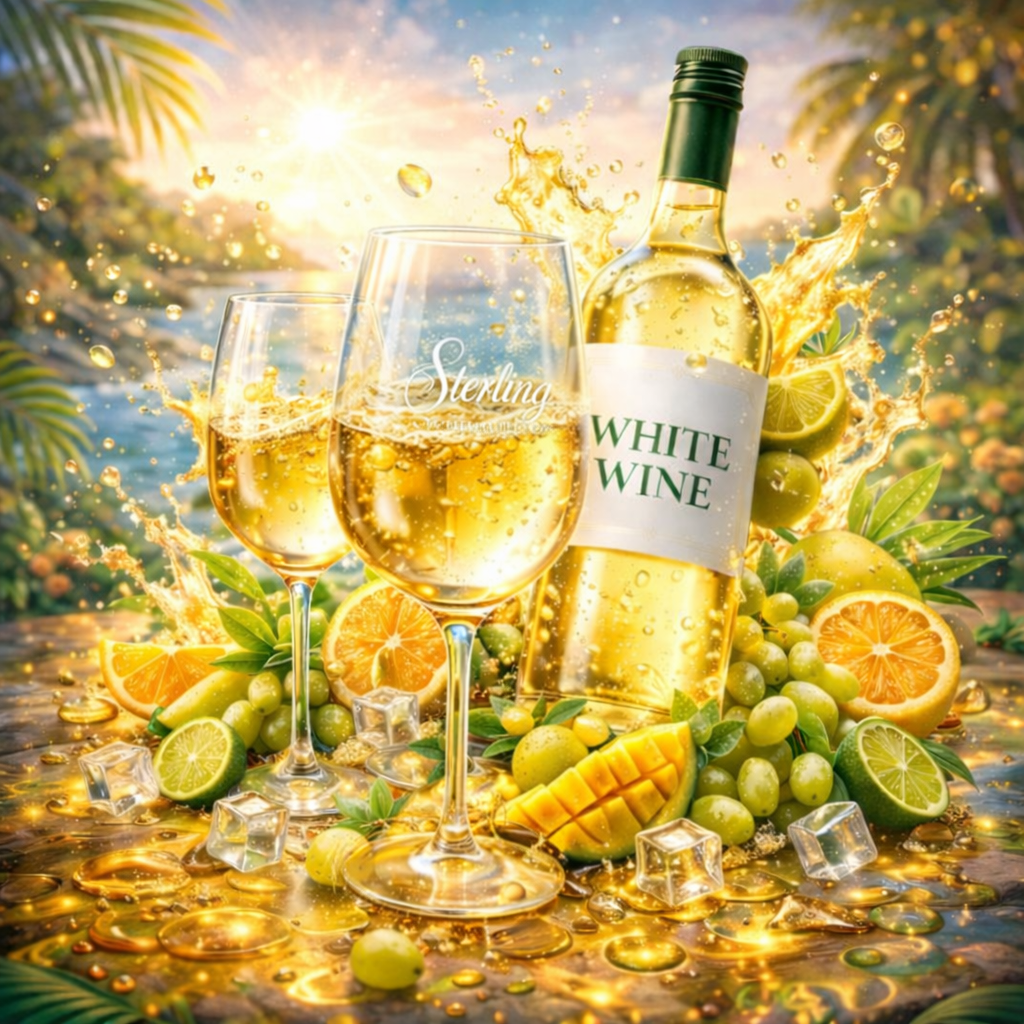 Weißwein Früchte Glas Flasche gelbe ud und grüne Früchte Sonne Meer Palmen Glitzer Splash