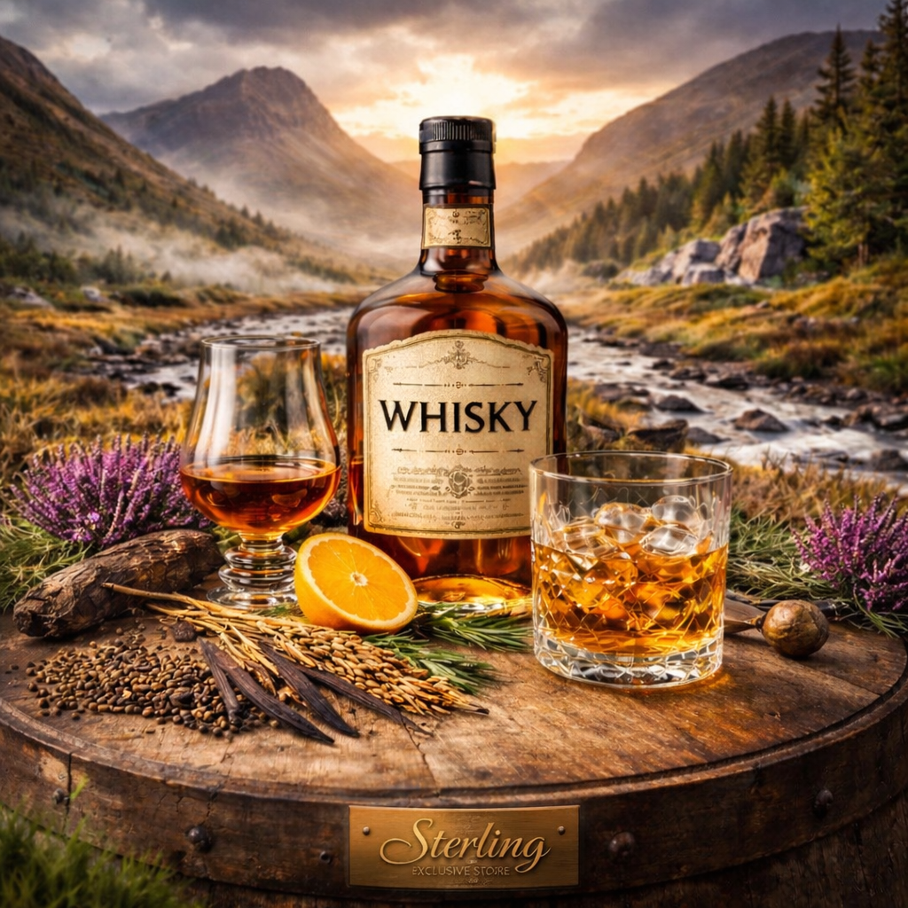 Whisky Flasche Glas Eiswürfel Holzfass Getreide Heide Weite Hügel